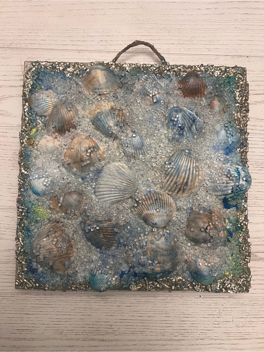 Handmade Seashell and Bead Wall Art 10”x10” - Blues & Cream